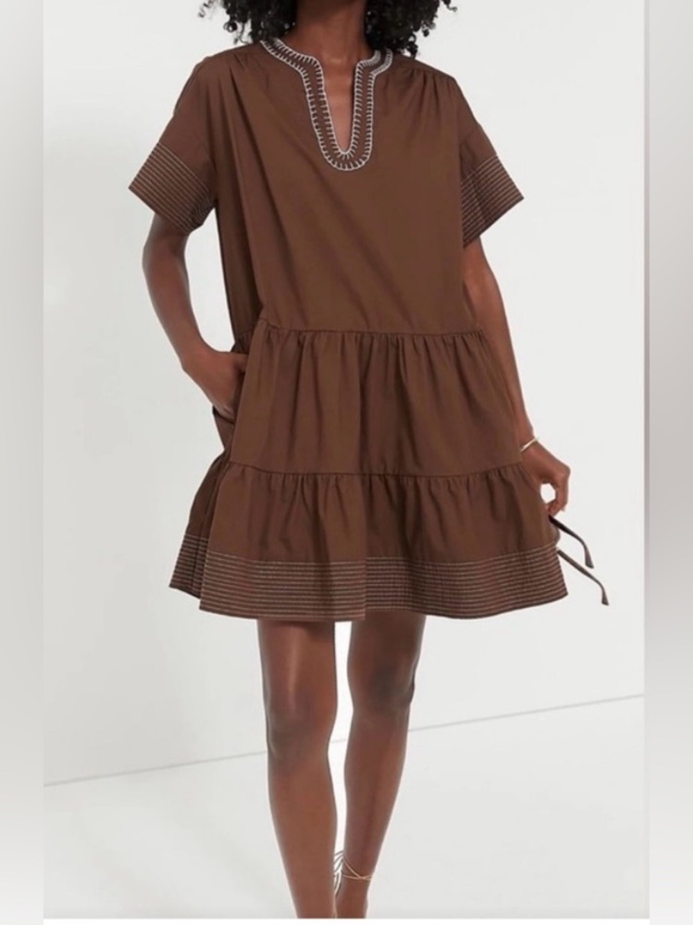 Tuckernuck Brown Tiered V-Neck Babydoll Dress